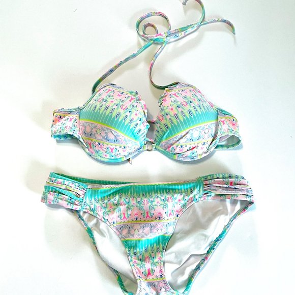 Victoria's Secret The Fabulous Swim Bikini Halter Top 34C Multi Padded Push up - Picture 3 of 4